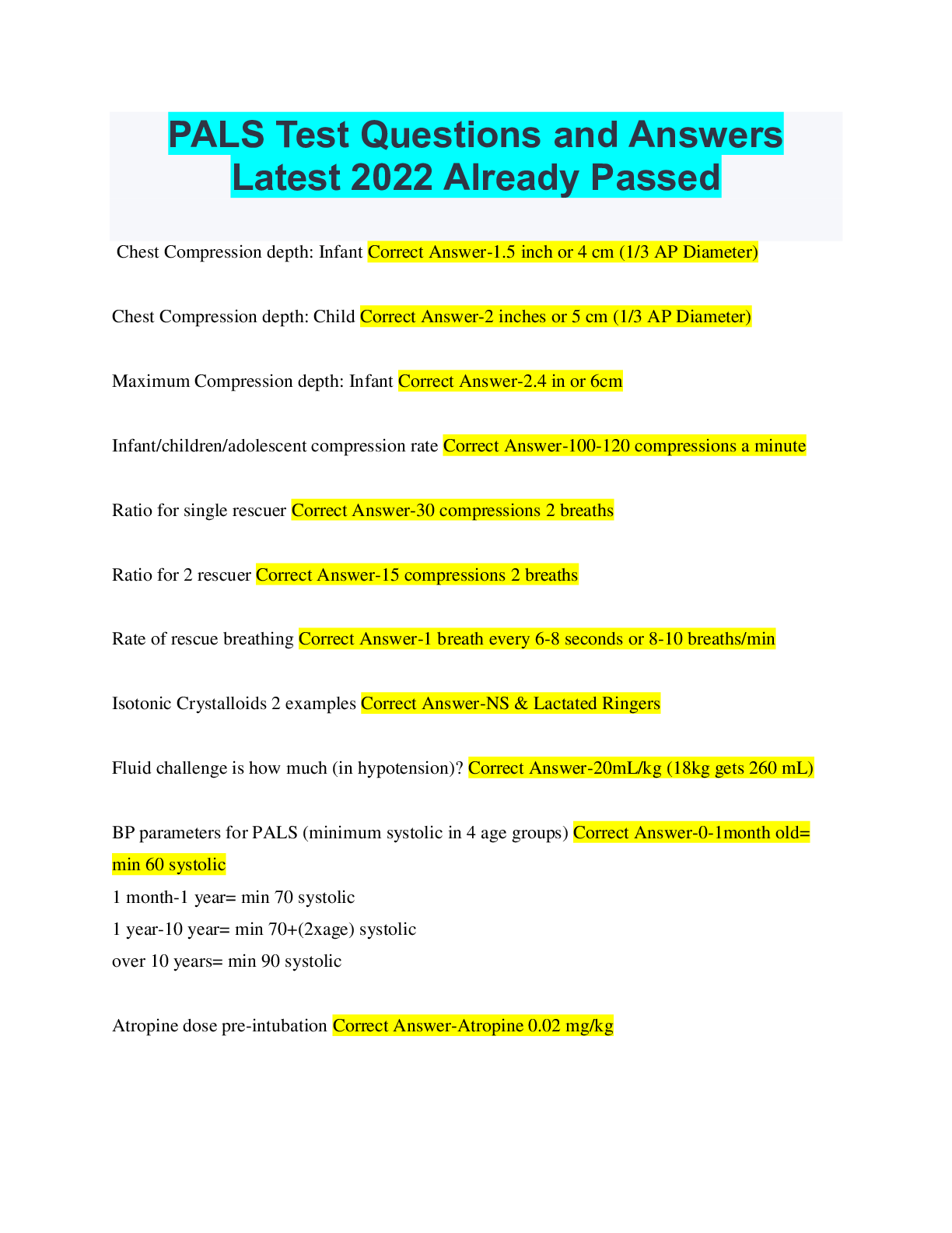 PALS Test Questions and Answers Latest 2022 Already Passed - Browsegrades